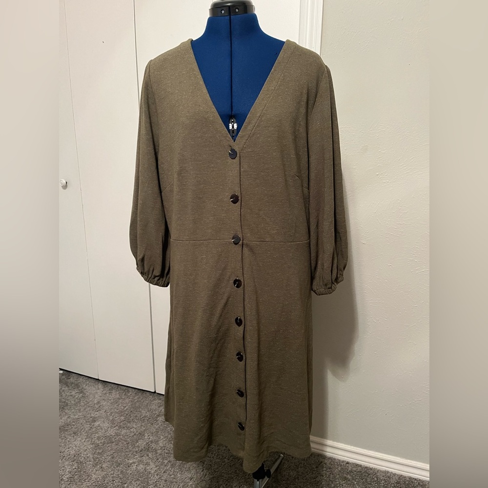 Loft Olive Green Ribbed Button-Front Dress w/ 3/4 Sleeves NWT | Size XL - Picture 4 of 15